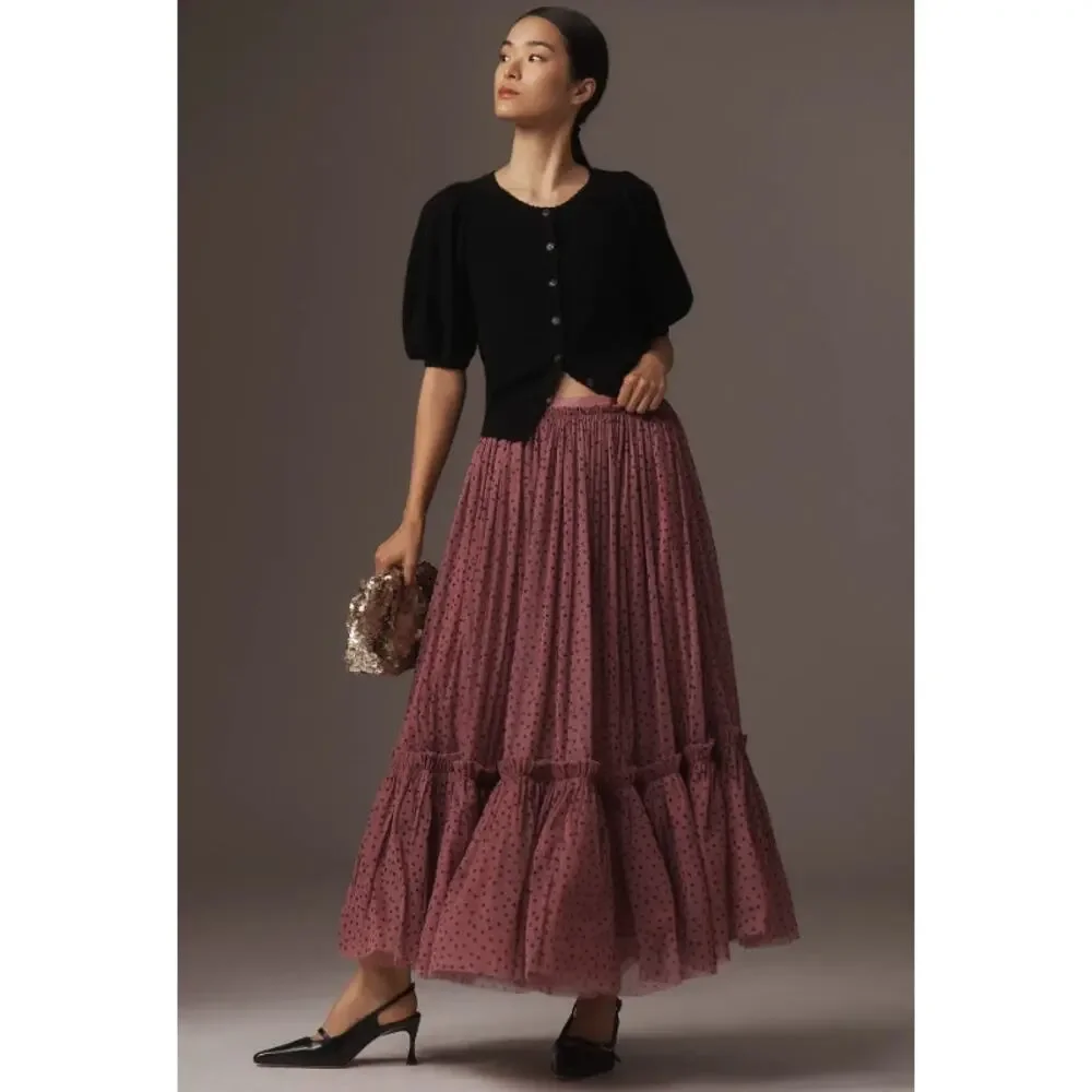 Anthropologie Maeve Tiered Tulle Polka Dot Midi Maxi Skirt Pink Purple Small